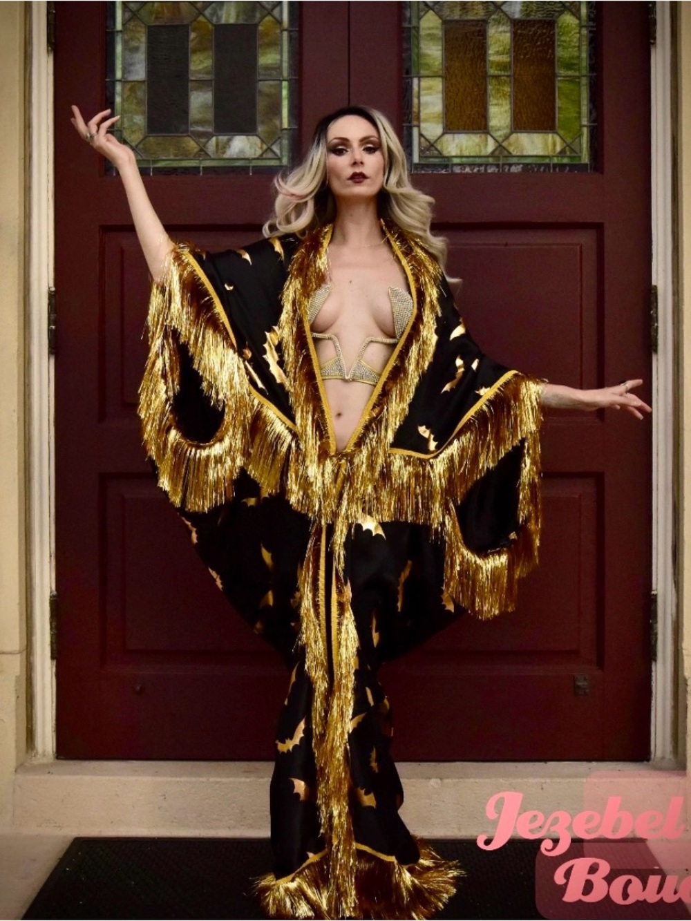 Gothic Bat Wing Kimono, Golden Fringe Robe Witchy Duster OS Halloween Burlesque